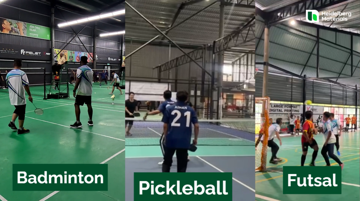 Three side-by-side indoor sports courts showing players engaged in badminton (left), pickleball (center), and futsal (right). Each section is labeled with the respective sport at the bottom. The facility has high ceilings, metal frames, and bright overhead lighting.